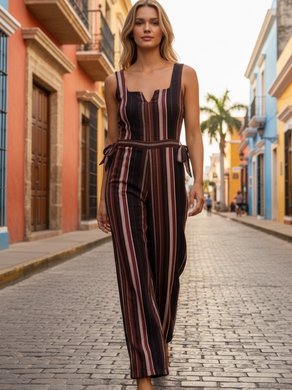 Xhilaration Striped Brown Wide-Leg Jumpsuit m